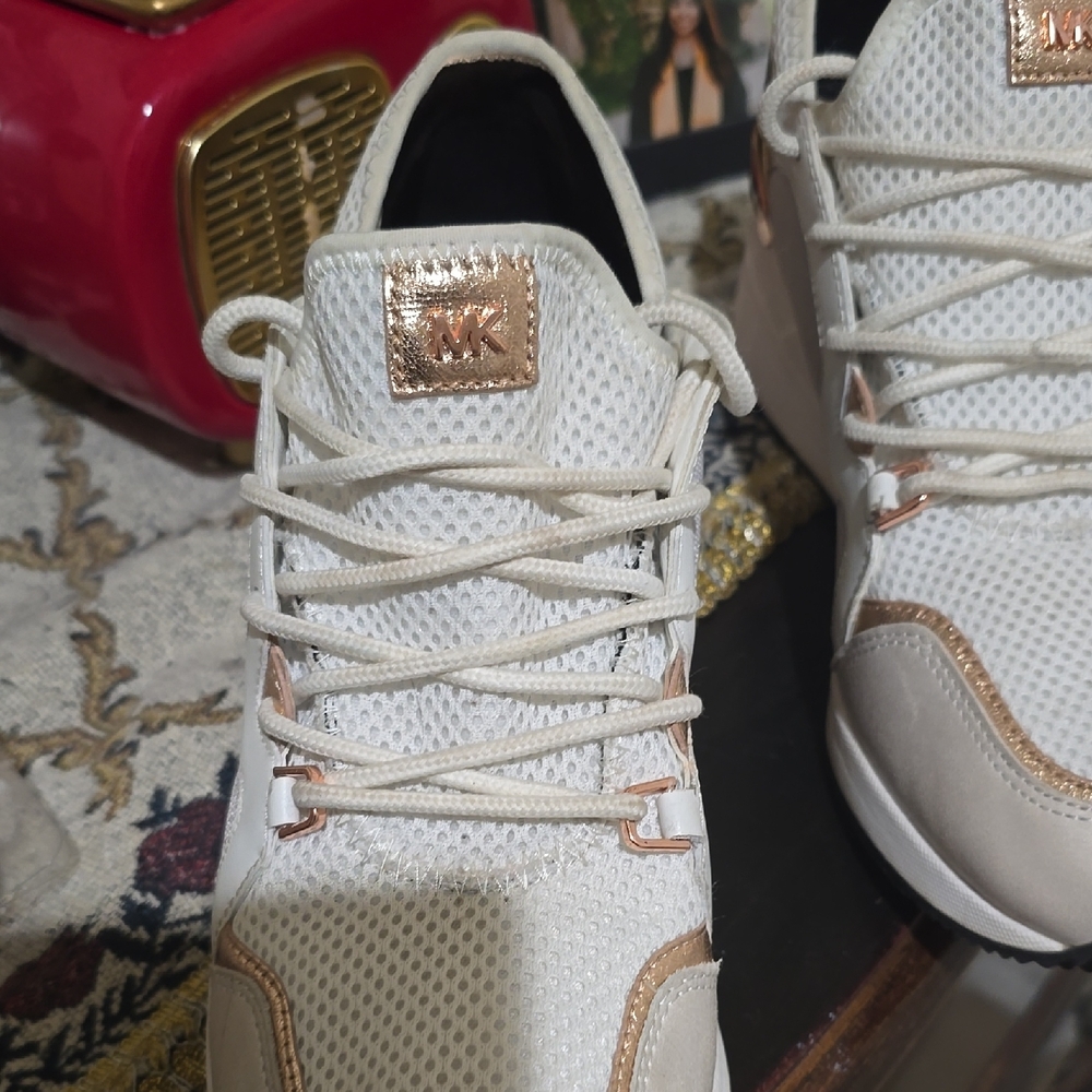 Michael Kors White and Gold Mesh Sneakers